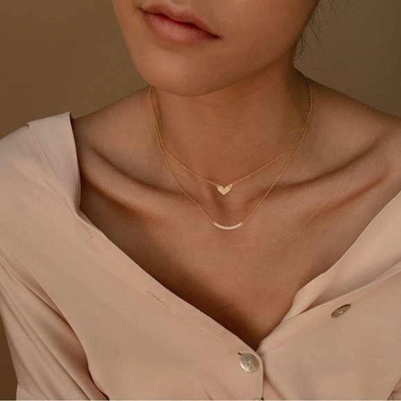 GOLD 14k Gold Plated Two Piece CZ Bar & Heart Pendant Necklace Set - Picture 2 of 3